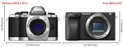 Größenvergleich: OM System OM-D E-M10 vs. Sony Alpha 6400 Größenvergleich: OM System OM-D E-M10 vs. Sony Alpha 6400