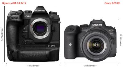Größenvergleich: OM System OM-D E-M1X vs. Canon EOS R6 Größenvergleich: OM System OM-D E-M1X vs. Canon EOS R6