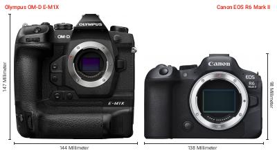 Größenvergleich: OM System OM-D E-M1X vs. Canon EOS R6 Mark II Größenvergleich: OM System OM-D E-M1X vs. Canon EOS R6 Mark II