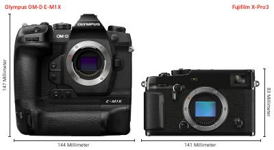 Größenvergleich: OM System OM-D E-M1X vs. Fujifilm X-Pro3 Größenvergleich: OM System OM-D E-M1X vs. Fujifilm X-Pro3