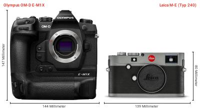 Größenvergleich: OM System OM-D E-M1X vs. Leica M-E (Typ 240) Größenvergleich: OM System OM-D E-M1X vs. Leica M-E (Typ 240)