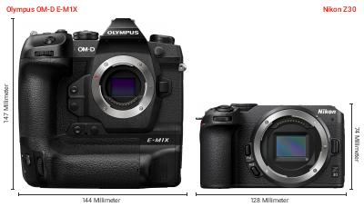 Größenvergleich: OM System OM-D E-M1X vs. Nikon Z30 Größenvergleich: OM System OM-D E-M1X vs. Nikon Z30