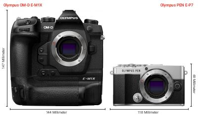 Größenvergleich: OM System OM-D E-M1X vs. OM System PEN E-P7 Größenvergleich: OM System OM-D E-M1X vs. OM System PEN E-P7