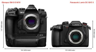 Größenvergleich: OM System OM-D E-M1X vs. Panasonic Lumix DC-GH5 II Größenvergleich: OM System OM-D E-M1X vs. Panasonic Lumix DC-GH5 II