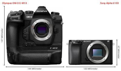 Größenvergleich: OM System OM-D E-M1X vs. Sony Alpha 6100 Größenvergleich: OM System OM-D E-M1X vs. Sony Alpha 6100