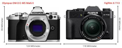 Größenvergleich: OM System OM-D E-M5 Mark II vs. Fujifilm X-T10 Größenvergleich: OM System OM-D E-M5 Mark II vs. Fujifilm X-T10