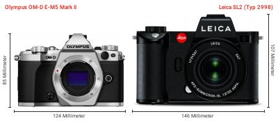 Größenvergleich: OM System OM-D E-M5 Mark II vs. Leica SL2 (Typ 2998)