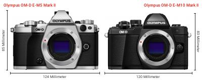Größenvergleich: Olympus OM-D E-M5 Mark II vs. Olympus OM-D E-M10 Mark II Größenvergleich: Olympus OM-D E-M5 Mark II vs. Olympus OM-D E-M10 Mark II