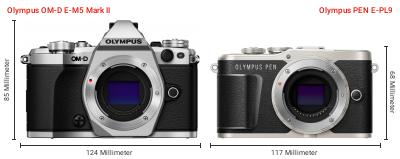 Größenvergleich: OM System OM-D E-M5 Mark II vs. OM System PEN E-PL9 Größenvergleich: OM System OM-D E-M5 Mark II vs. OM System PEN E-PL9