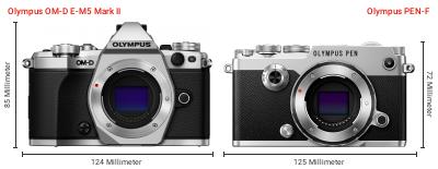 Größenvergleich: OM System OM-D E-M5 Mark II vs. OM System PEN-F Größenvergleich: OM System OM-D E-M5 Mark II vs. OM System PEN-F