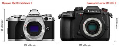 Größenvergleich: OM System OM-D E-M5 Mark II vs. Panasonic Lumix DC-GH5 II