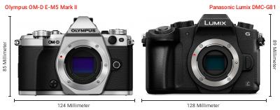 Größenvergleich: OM System OM-D E-M5 Mark II vs. Panasonic Lumix DMC-G81 Größenvergleich: OM System OM-D E-M5 Mark II vs. Panasonic Lumix DMC-G81