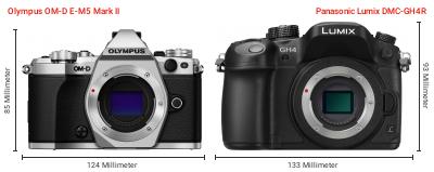Größenvergleich: OM System OM-D E-M5 Mark II vs. Panasonic Lumix DMC-GH4R Größenvergleich: OM System OM-D E-M5 Mark II vs. Panasonic Lumix DMC-GH4R