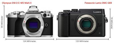 Größenvergleich: OM System OM-D E-M5 Mark II vs. Panasonic Lumix DMC-GX8 Größenvergleich: OM System OM-D E-M5 Mark II vs. Panasonic Lumix DMC-GX8