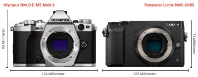 Größenvergleich: OM System OM-D E-M5 Mark II vs. Panasonic Lumix DMC-GX80 Größenvergleich: OM System OM-D E-M5 Mark II vs. Panasonic Lumix DMC-GX80