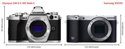 Größenvergleich: OM System OM-D E-M5 Mark II vs. Samsung NX500 Größenvergleich: OM System OM-D E-M5 Mark II vs. Samsung NX500