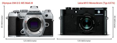 Größenvergleich: OM System OM-D E-M5 Mark III vs. Leica M10 Monochrom (Typ 6376)