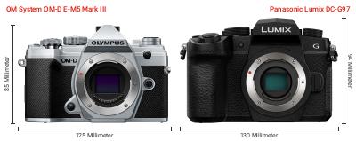 Größenvergleich: OM System OM-D E-M5 Mark III vs. Panasonic Lumix DC-G97 Größenvergleich: OM System OM-D E-M5 Mark III vs. Panasonic Lumix DC-G97