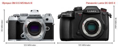 Größenvergleich: OM System OM-D E-M5 Mark III vs. Panasonic Lumix DC-GH5 II Größenvergleich: OM System OM-D E-M5 Mark III vs. Panasonic Lumix DC-GH5 II