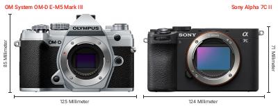Größenvergleich: OM System OM-D E-M5 Mark III vs. Sony Alpha 7C II Größenvergleich: OM System OM-D E-M5 Mark III vs. Sony Alpha 7C II