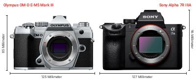 Größenvergleich: OM System OM-D E-M5 Mark III vs. Sony Alpha 7R IIIA