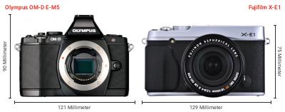 Größenvergleich: OM System OM-D E-M5 vs. Fujifilm X-E1 Größenvergleich: OM System OM-D E-M5 vs. Fujifilm X-E1