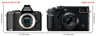 Größenvergleich: OM System OM-D E-M5 vs. Fujifilm X-Pro2