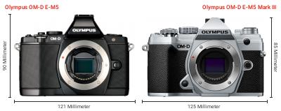Größenvergleich: OM System OM-D E-M5 vs. OM System OM-D E-M5 Mark III Größenvergleich: OM System OM-D E-M5 vs. OM System OM-D E-M5 Mark III