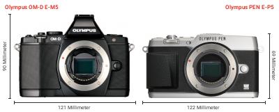 Größenvergleich: OM System OM-D E-M5 vs. OM System PEN E-P5 Größenvergleich: OM System OM-D E-M5 vs. OM System PEN E-P5