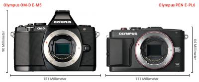 Größenvergleich: OM System OM-D E-M5 vs. OM System PEN E-PL6 Größenvergleich: OM System OM-D E-M5 vs. OM System PEN E-PL6