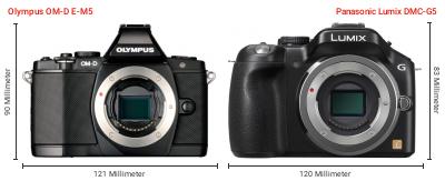 Größenvergleich: OM System OM-D E-M5 vs. Panasonic Lumix DMC-G5 Größenvergleich: OM System OM-D E-M5 vs. Panasonic Lumix DMC-G5