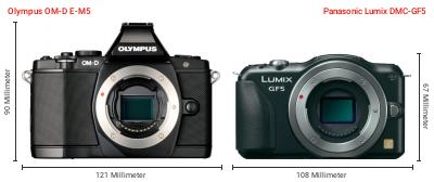 Größenvergleich: OM System OM-D E-M5 vs. Panasonic Lumix DMC-GF5 Größenvergleich: OM System OM-D E-M5 vs. Panasonic Lumix DMC-GF5