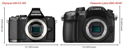Größenvergleich: OM System OM-D E-M5 vs. Panasonic Lumix DMC-GH4R Größenvergleich: OM System OM-D E-M5 vs. Panasonic Lumix DMC-GH4R
