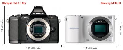 Größenvergleich: OM System OM-D E-M5 vs. Samsung NX1000 Größenvergleich: OM System OM-D E-M5 vs. Samsung NX1000