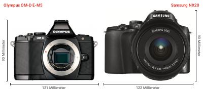 Größenvergleich: OM System OM-D E-M5 vs. Samsung NX20 Größenvergleich: OM System OM-D E-M5 vs. Samsung NX20