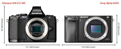 Größenvergleich: OM System OM-D E-M5 vs. Sony Alpha 6000 Größenvergleich: OM System OM-D E-M5 vs. Sony Alpha 6000