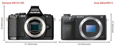 Größenvergleich: OM System OM-D E-M5 vs. Sony Alpha NEX-6 Größenvergleich: OM System OM-D E-M5 vs. Sony Alpha NEX-6