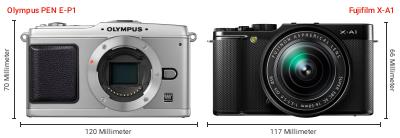 Größenvergleich: OM System PEN E-P1 vs. Fujifilm X-A1 Größenvergleich: OM System PEN E-P1 vs. Fujifilm X-A1