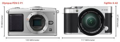 Größenvergleich: OM System PEN E-P1 vs. Fujifilm X-A3 Größenvergleich: OM System PEN E-P1 vs. Fujifilm X-A3