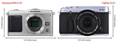 Größenvergleich: OM System PEN E-P1 vs. Fujifilm X-E1 Größenvergleich: OM System PEN E-P1 vs. Fujifilm X-E1