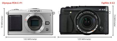 Größenvergleich: OM System PEN E-P1 vs. Fujifilm X-E2 Größenvergleich: OM System PEN E-P1 vs. Fujifilm X-E2