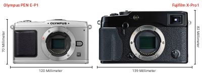 Größenvergleich: OM System PEN E-P1 vs. Fujifilm X-Pro1 Größenvergleich: OM System PEN E-P1 vs. Fujifilm X-Pro1