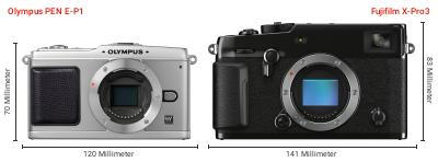 Größenvergleich: OM System PEN E-P1 vs. Fujifilm X-Pro3
