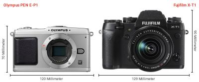 Größenvergleich: OM System PEN E-P1 vs. Fujifilm X-T1 Größenvergleich: OM System PEN E-P1 vs. Fujifilm X-T1