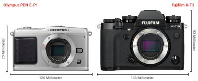 Größenvergleich: OM System PEN E-P1 vs. Fujifilm X-T3