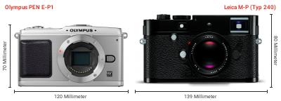 Größenvergleich: OM System PEN E-P1 vs. Leica M-P (Typ 240) Größenvergleich: OM System PEN E-P1 vs. Leica M-P (Typ 240)