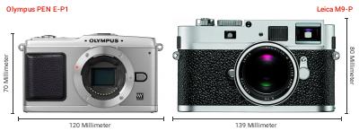Größenvergleich: OM System PEN E-P1 vs. Leica M9-P Größenvergleich: OM System PEN E-P1 vs. Leica M9-P