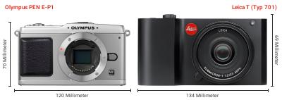 Größenvergleich: OM System PEN E-P1 vs. Leica T (Typ 701) Größenvergleich: OM System PEN E-P1 vs. Leica T (Typ 701)