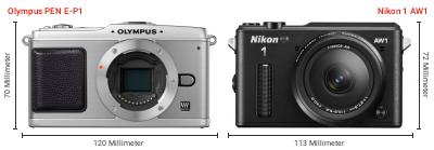 Größenvergleich: OM System PEN E-P1 vs. Nikon 1 AW1 Größenvergleich: OM System PEN E-P1 vs. Nikon 1 AW1