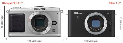 Größenvergleich: OM System PEN E-P1 vs. Nikon 1 J2 Größenvergleich: OM System PEN E-P1 vs. Nikon 1 J2
